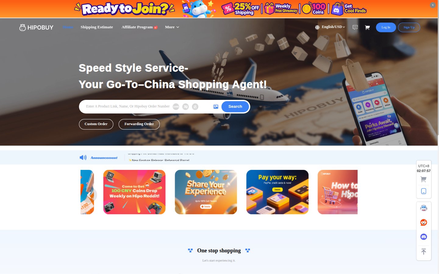 Official HipoBuy homepage: green wordmark, paste bar and three steps Place Orders, Submit Parcels, Sign Delivery